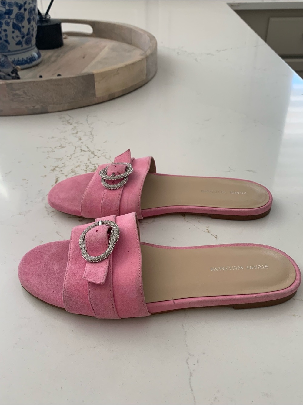 Stuart Weitzman Pink Suede Crystal Buckle Slide Sandal Size 6.5 US
